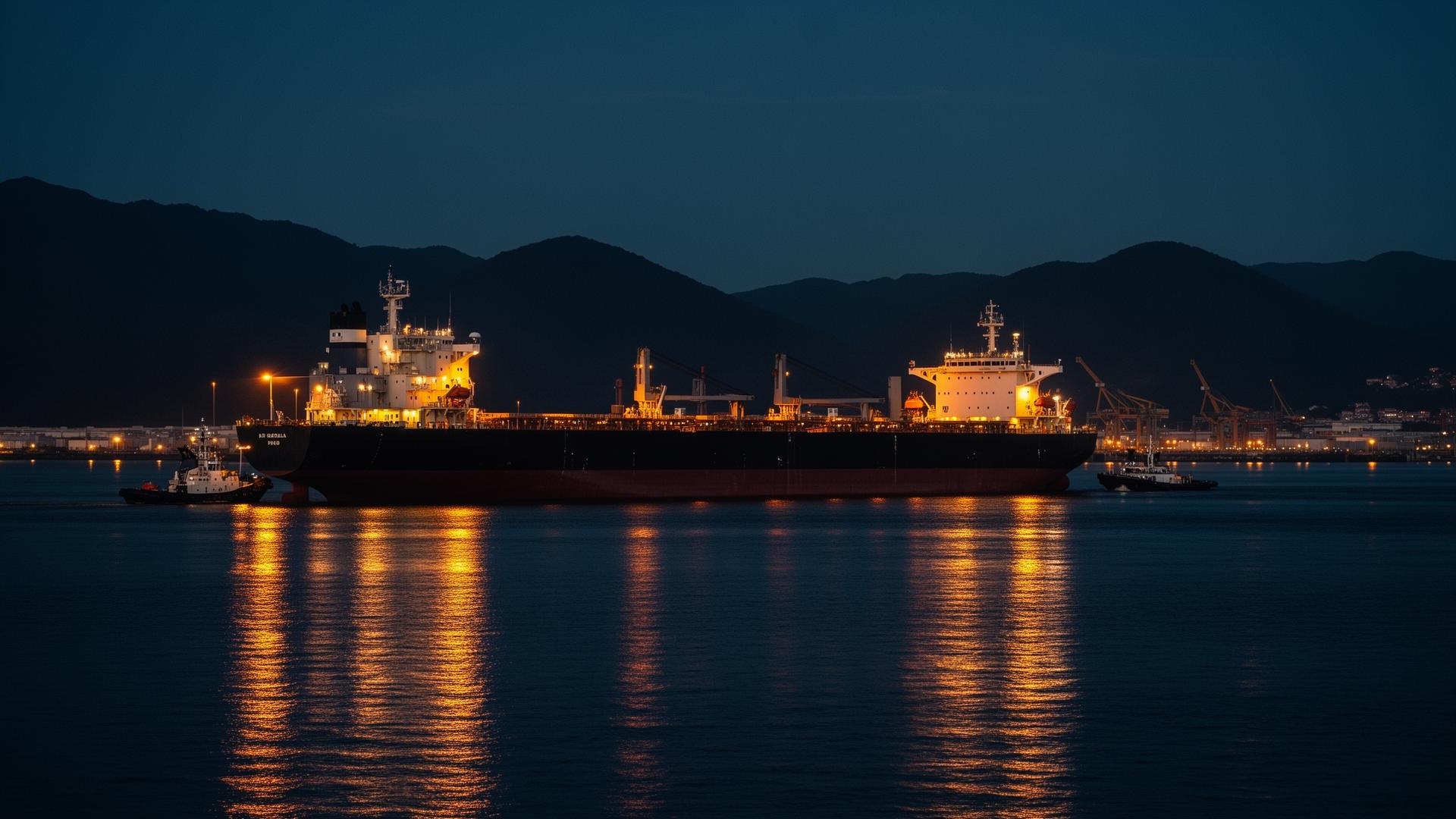 Bulk carrier ship at Brazilian port at dusk